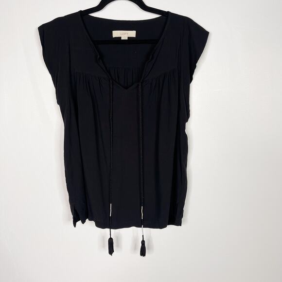 LOFT Small S Black Split V Neck Tassel Tie Short Sleeve Blouse Top Pleated Yoke - Picture 1 of 7